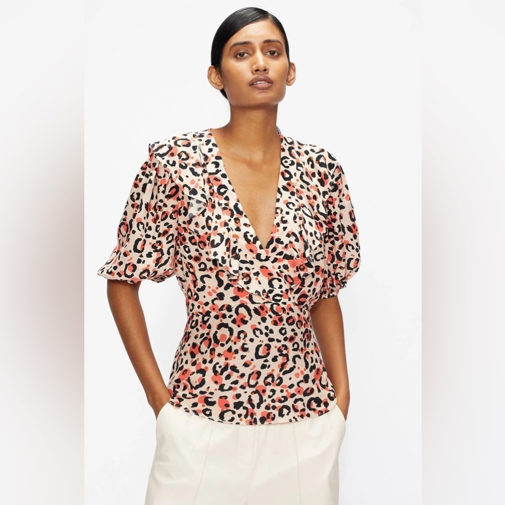 TED BAKER London Size 4 Large Coral Frill Balloon Sleeve Animal Print Top